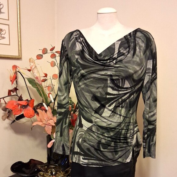 NWT Robert Kitchen Women's Gray Black Printed Blouse Long Sleeve Top Size 10 M - Picture 4 of 8
